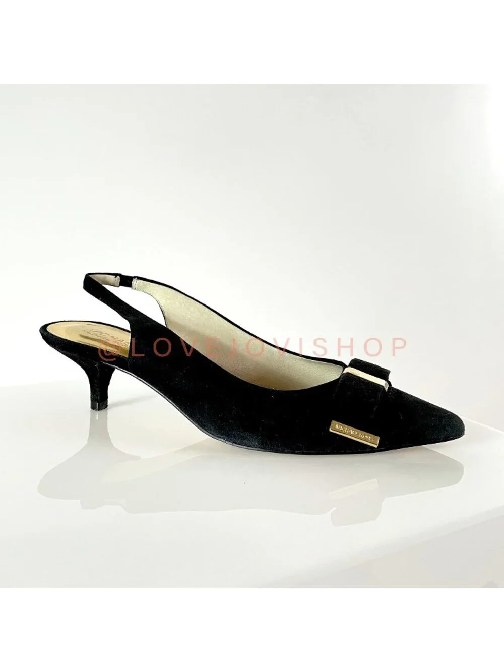 Minimalist | Michael Kors Black Suede Kitten Heel | Feminine Bow Gold Detail 9.5